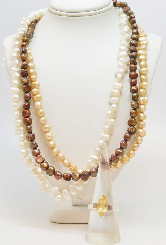 Artisan 925 Brown White & Yellow Pearls Beaded Multi Strand Necklace & Modernist Citrine Marquise Band Ring 82.8g image number 1