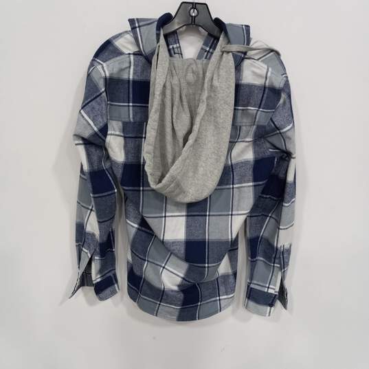Free Planet Men's Blue Plaid Button Down Flannel Hooded Shirt/Jacket Size S NWT image number 2
