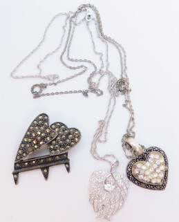 Romantic 925 Rhinestones & Marcasite Heart & Angel Wings Pendant Necklaces & Piano Brooch 16.4g