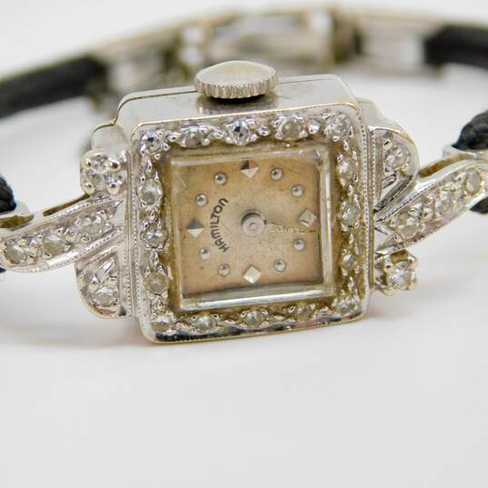 Ladies Vintage Hamilton 14K White Gold 0.44 CTTW Diamond Case GF Band 22 Jewels Wrist Watch 11.5g image number 3