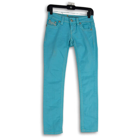 Womens Teal Denim Medium Wash 5-Pocket Design Skinny Leg Jeans Size 24 image number 3