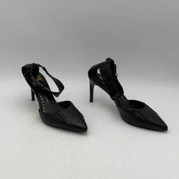 Womens Black Leather Pointed Toe Stiletto Heels Ankle Strap Sandals Size 8