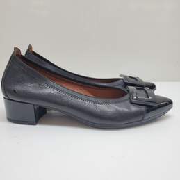 Hispanitas Point Toe Low Block Heels Black Leather/Patent 37.5 US 7