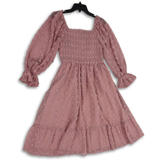 NWT Womens Pink Smocked Square Neck Long Sleeve Fit & Flare Dress Size M image number 1