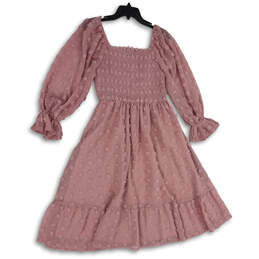 NWT Womens Pink Smocked Square Neck Long Sleeve Fit & Flare Dress Size M