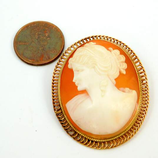 Antique 14K Yellow Gold Carved Shell Cameo Brooch Pendant 9.1g image number 6