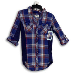 NWT Womens Blue Red Plaid Roll Tab Sleeve Button-Up Shirt Size Medium