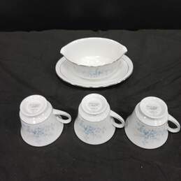 Bundle of Noritake Contemporary Fine China Carolyn Floral White, Blue, And Silver Tea Cups And Gravy Boat With Attached Underplate alternative image