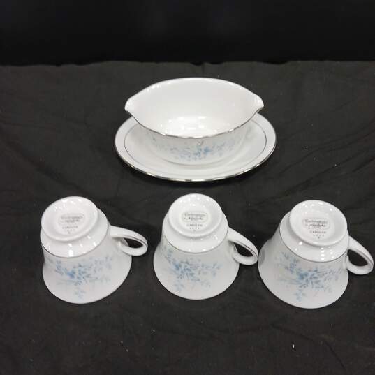 Bundle of Noritake Contemporary Fine China Carolyn Floral White, Blue, And Silver Tea Cups And Gravy Boat With Attached Underplate image number 2