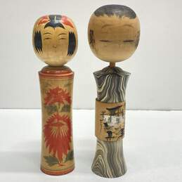 Vintage Oriental Hand Crafted Wooden Kokeshi Dolls 2pc Set