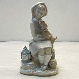 Lladro Porcelain Figurine Sitting By Lantern Girl and Puppy Ceramic Art