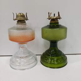 Vintage Bundle Tall Kerosene Hurricane Oil Lamp 18.25'' Green Glass and Pink alternative image