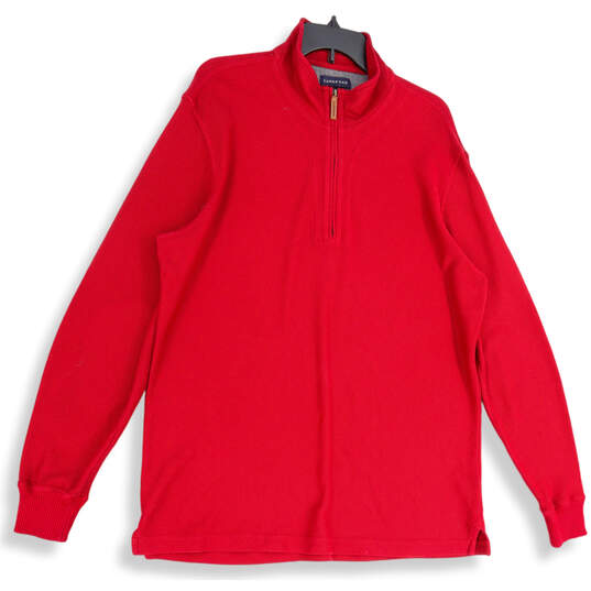Mens Red Mock Neck Side Slit 1/4 Zip Long Sleeve Pullover Sweatshirt Size L image number 1