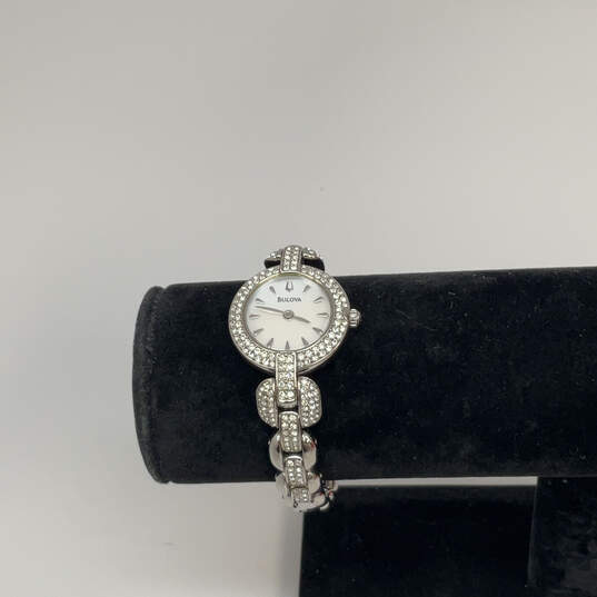 Designer Bulova Silver-Tone Rhinestone Mother Of Pearl Analog Dial Watch image number 2