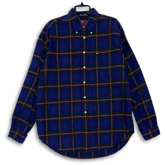 Mens Blue Black Plaid Collared Pocket Long Sleve Button-Up Shirt Size XL image number 1