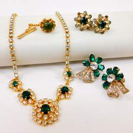 Vintage Gold Tone Green & White Icy Rhinestone & Nephrite Jewelry 35.8g