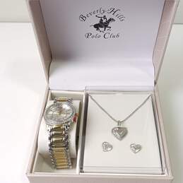 Beverly Hills Polo Club Silver Tone Watch, Necklace, & Earrings Set In Box