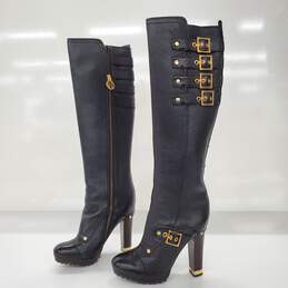 Tory Burch Black Pebbled Leather Gold Buckle Knee High Boots Women's Size 5