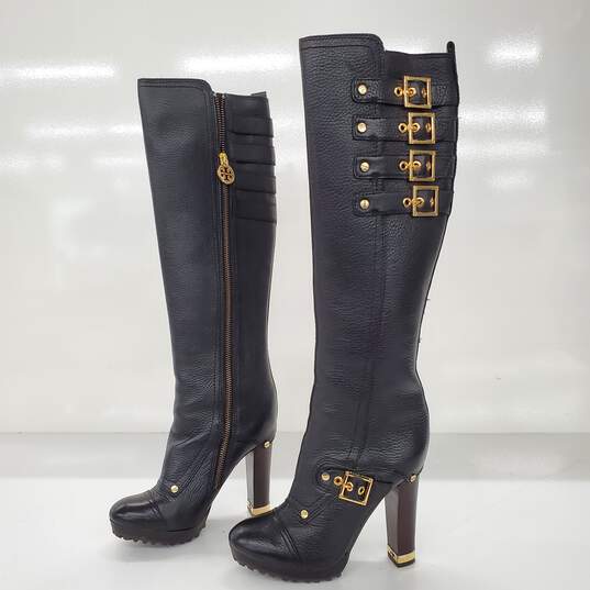 Tory Burch Black Pebbled Leather Gold Buckle Knee High Boots Women's Size 5 image number 1