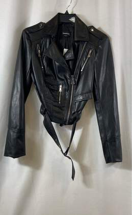 NWT Bebe Womens Black Leather Long Sleeve Full-Zip Short Motorcycle Jacket Sz S