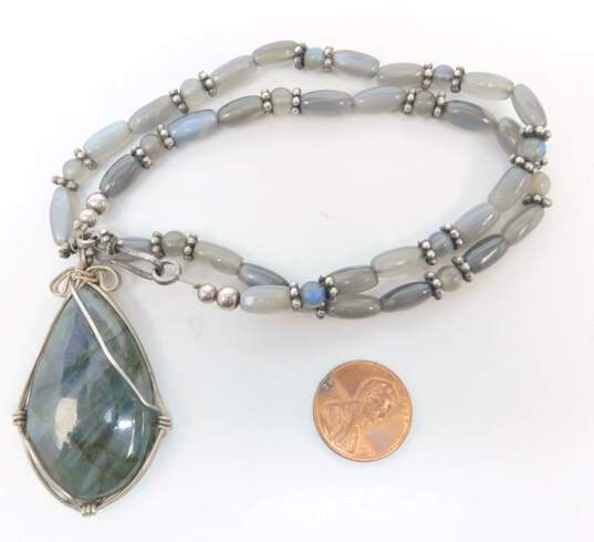Artisan 925 Labradorite Teardrop Cabochon Wire Wrapped Pendant Grey Cats Eye & Granulated Beaded Necklace 41.9g image number 5