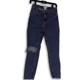 Womens Blue Distressed Denim Medium Wash Pockets Skinny Leg Jeans Size 8