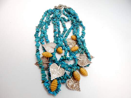 Designer Rosaline 925 Leaf Turquoise & Yellow Jade Multi Strand Choker Necklace image number 3