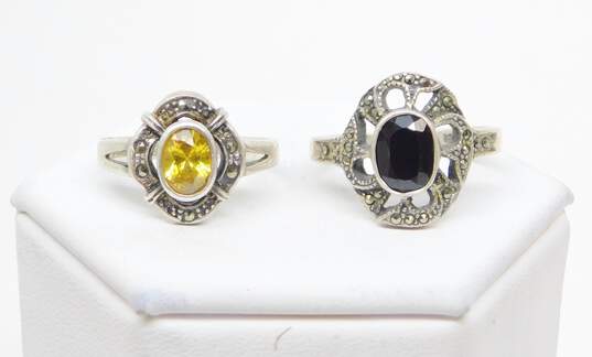 925 Sterling Silver Garnet Onyx Marcasite & CZ Earrings Bracelet & Rings 37.0g image number 3