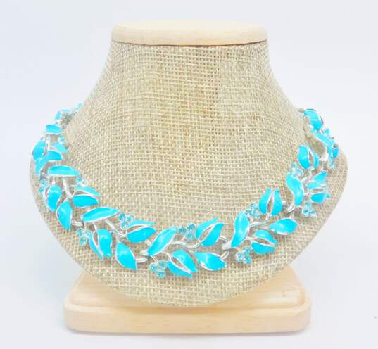 Vintage Lisner Blue Rhinestone & Enamel Floral Collar Necklace & Screw Back Earrings 74.6g image number 2