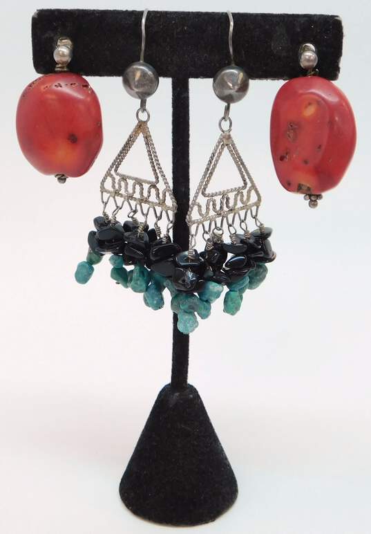 Artisan 925 Onyx & Dyed Howlite Beaded Tassels Triangle & Coral Drop Earrings Variety 26g image number 1