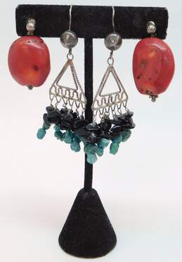 Artisan 925 Onyx & Dyed Howlite Beaded Tassels Triangle & Coral Drop Earrings Variety 26g