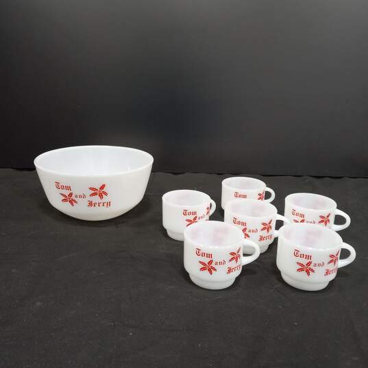 Fire-King Tom & Jerry Milk Glass Holiday Cup Set with Bowl