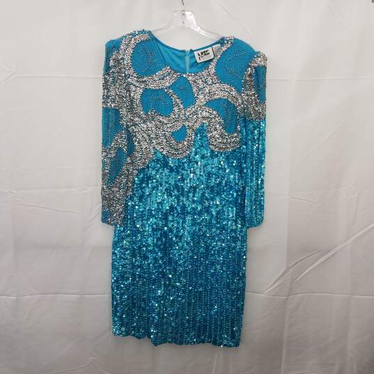 NITE LINE Vintage 100% Silk Sequenced Beaded Dress Blue Size 10 image number 1