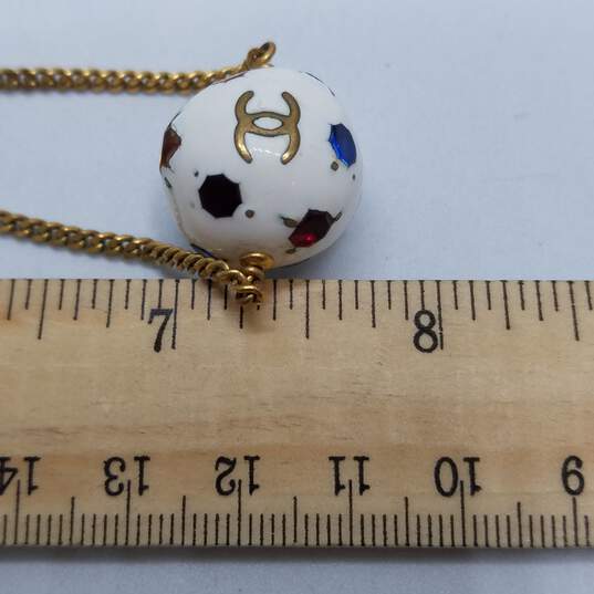 CHANEL Gold Tone Ball Motif Rhinestone Pendant Necklace W/C.O.A 15.7g image number 8