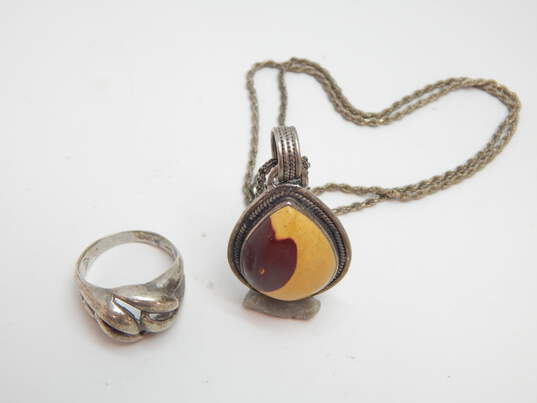 Artisan 925 Mookaite Cabochon Teardrop Pendant Necklace & Braided Dome Band Ring 17.8g image number 1