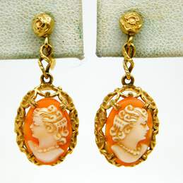 Vintage 14K Yellow Gold Carved Shell Cameo Dangle Screw Back Earrings 4.8g alternative image
