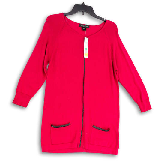 NWT Womens Red Round Neck Long Sleeve Pocket Long Cardigan Sweater Sz Small image number 1