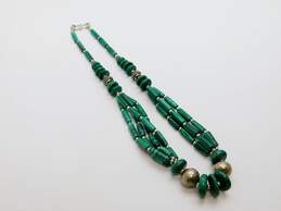 Artisan 925 Bali Style Malachite Discs & Tubes & Smooth & Granulated Ball Beaded Statement Necklace 67.7g