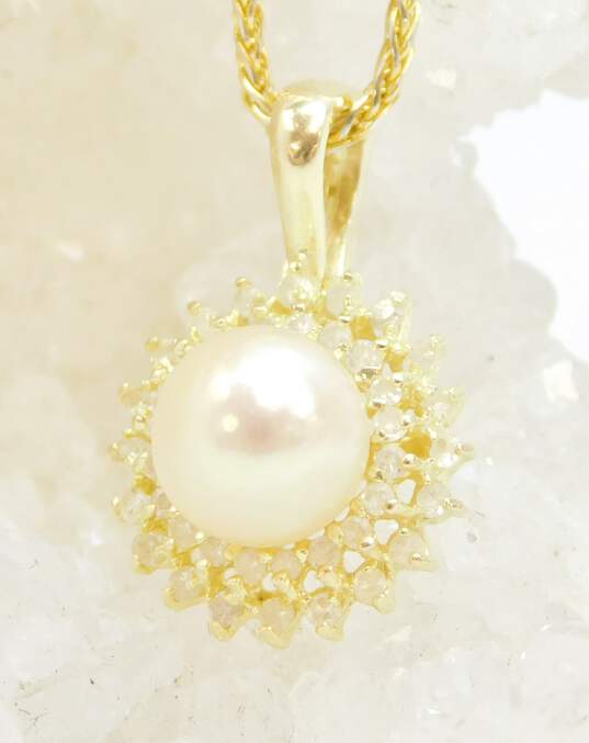 14K Yellow Gold Pearl 0.40 CTTW Diamond Halo Pendant Necklace 5.6g image number 3