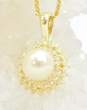 14K Yellow Gold Pearl 0.40 CTTW Diamond Halo Pendant Necklace 5.6g image number 3
