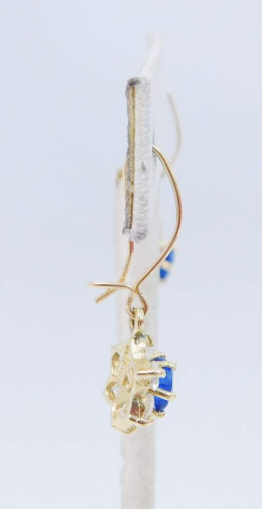Romantic 10K Yellow Gold Blue Spinel & CZ Flower Drop Earrings 2.4g image number 2