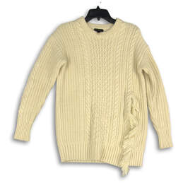 Womens Off-White Long Sleeve Crew Neck Fringe Slit Pullover Sweater Size XS