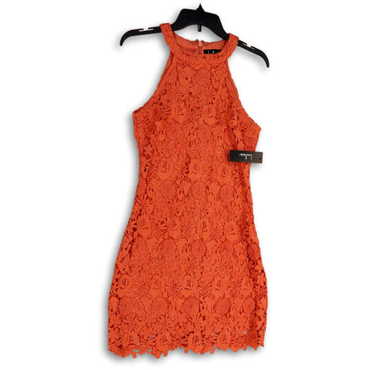 NWT Womens Orange Floral Lace Sleeveless Halter Neck Sheath Dress Size S image number 1