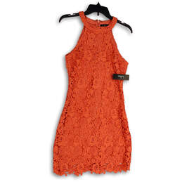 NWT Womens Orange Floral Lace Sleeveless Halter Neck Sheath Dress Size S