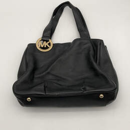 Womens Black Leather Inner Pockets Bottom Studs Double Handle Shoulder Bag