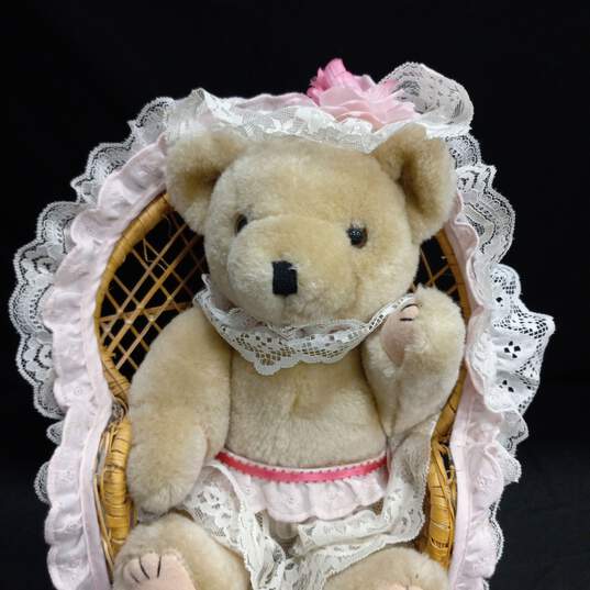 Vintage Victorian Pink Teddy Bear Plush in Wicker Chair image number 2