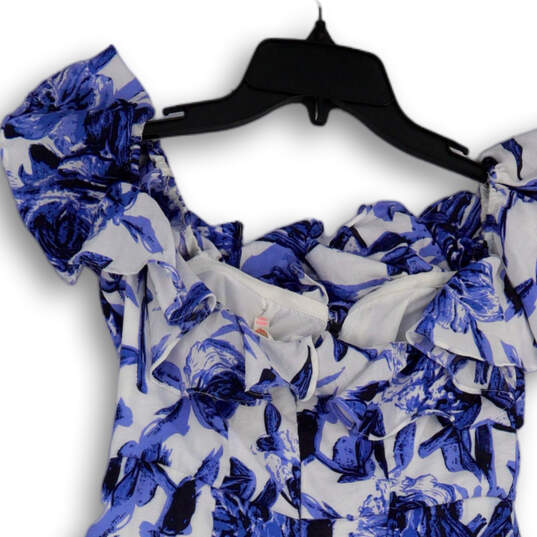 Womens Blue White Floral Ruffled Neck Cap Sleeve Mini Dress Size Small image number 4