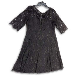 Womens Black Lace Back Zip V-Neck Short Sleeve Fit & Flare Dress Size 14 alternative image
