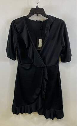 NWT Pretty Little Thing Womens Black Short Sleeve Frill Wrap Dress Size 10