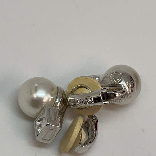Designer Swarovski Silver-Tone Pearl Rhinestone Clip On Stud Earrings image number 4